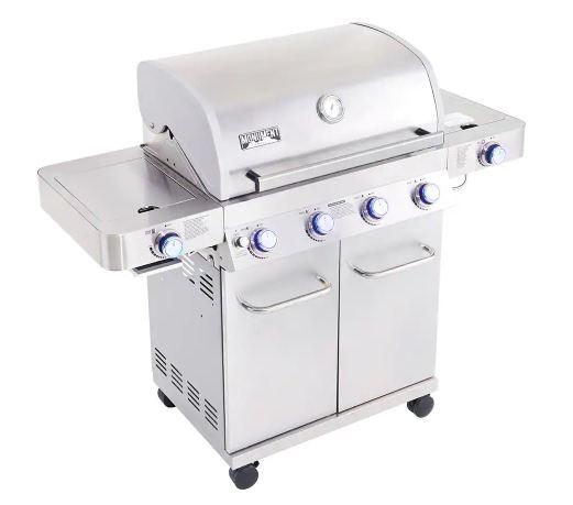 Monument 4-Burner Propane Gas Grill in Stainless with LED Controls, Side and Side Sear Burners