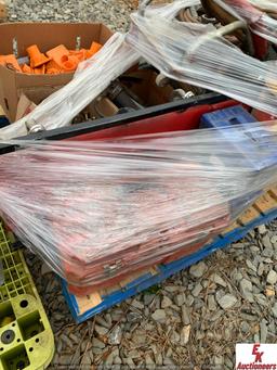 PALLET OF REBAR CAPS, MISC BOLTS & NUTS, CREEPERS, CONCRETE VIBRATOR, 2" SUBMERGIBLE WATER PUMP