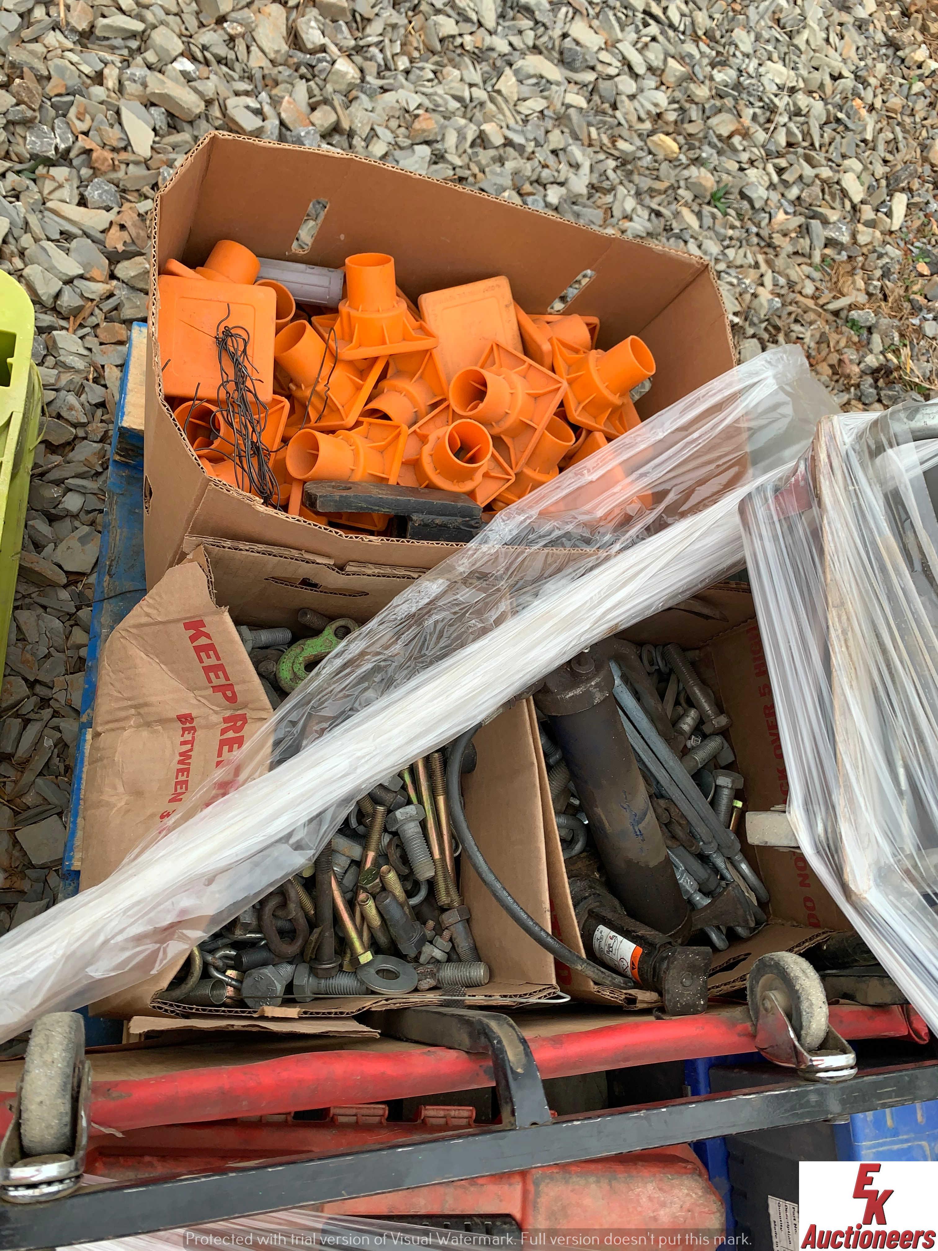 PALLET OF REBAR CAPS, MISC BOLTS & NUTS, CREEPERS, CONCRETE VIBRATOR, 2" SUBMERGIBLE WATER PUMP