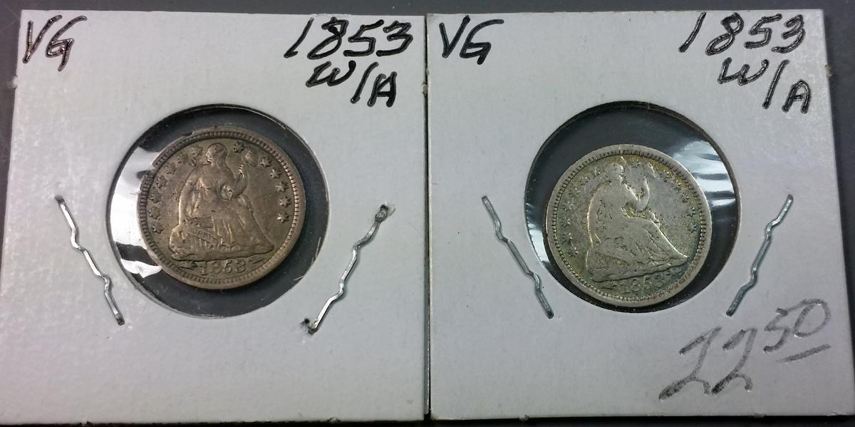 2x 1853 (w/ Arrows) Seated Liberty HALF DIMES