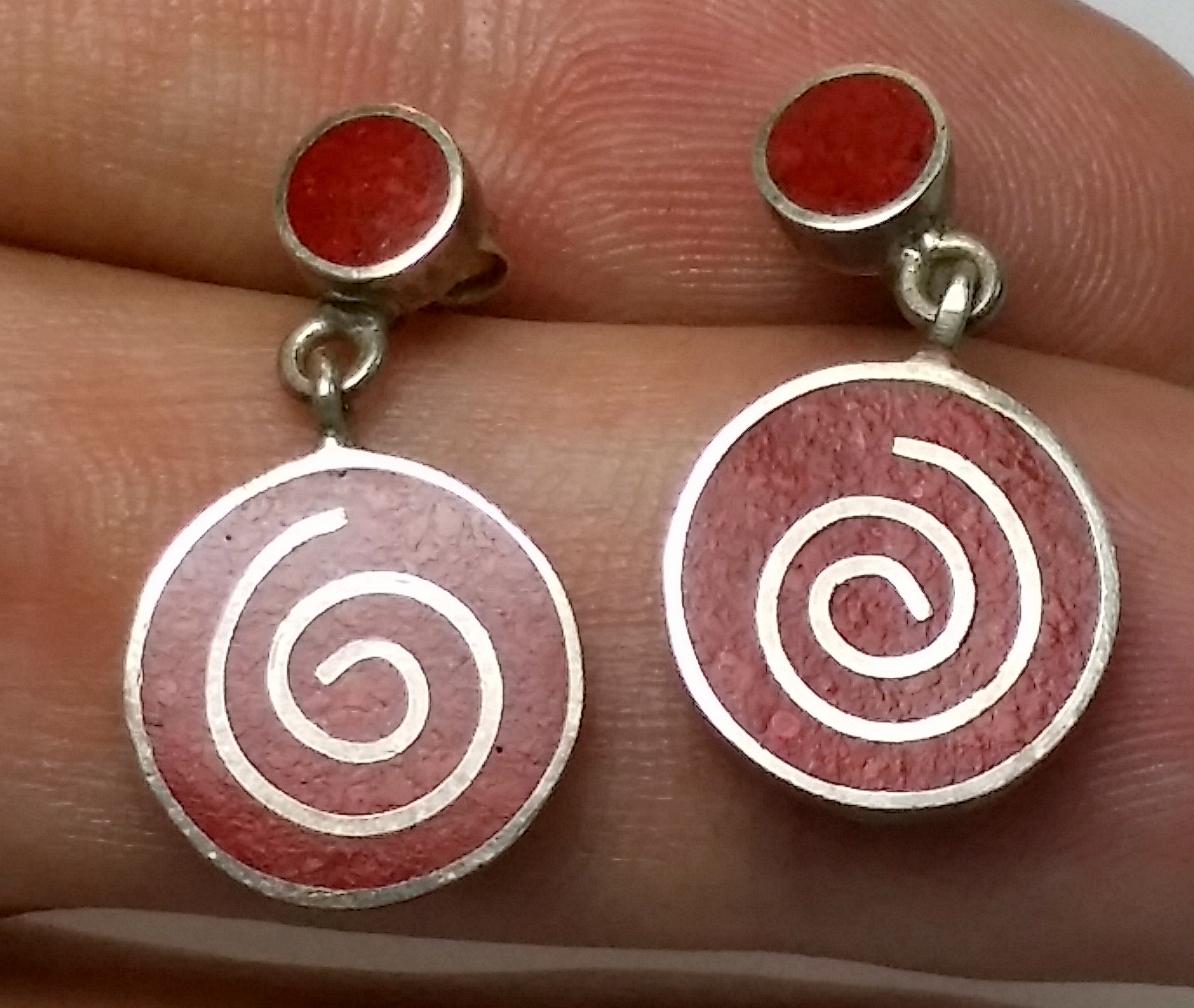 Vintage TAXCO Sterling Silver & Red Coral Earrings