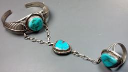 Navajo Silver & Turquoise Slave Bracelet -OLD PAWN