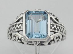 Large Emerald Cut Genuine Blue Topaz Filigree Ring - Sterling Silver