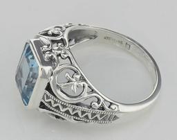 Large Emerald Cut Genuine Blue Topaz Filigree Ring - Sterling Silver