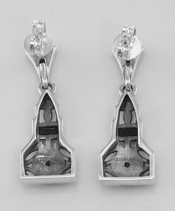 Art Deco Style Genuine Sapphire and CZ Filigree Earrings - Sterling Silver