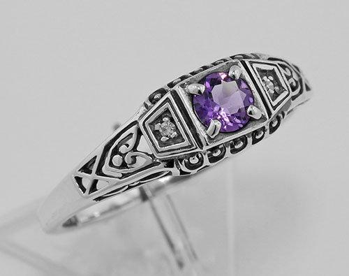 Amethyst Filigree Ring w/ 2 Diamonds - Sterling Silver