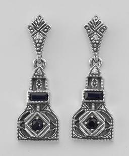 Art Deco Style Genuine Sapphire and CZ Filigree Earrings - Sterling Silver