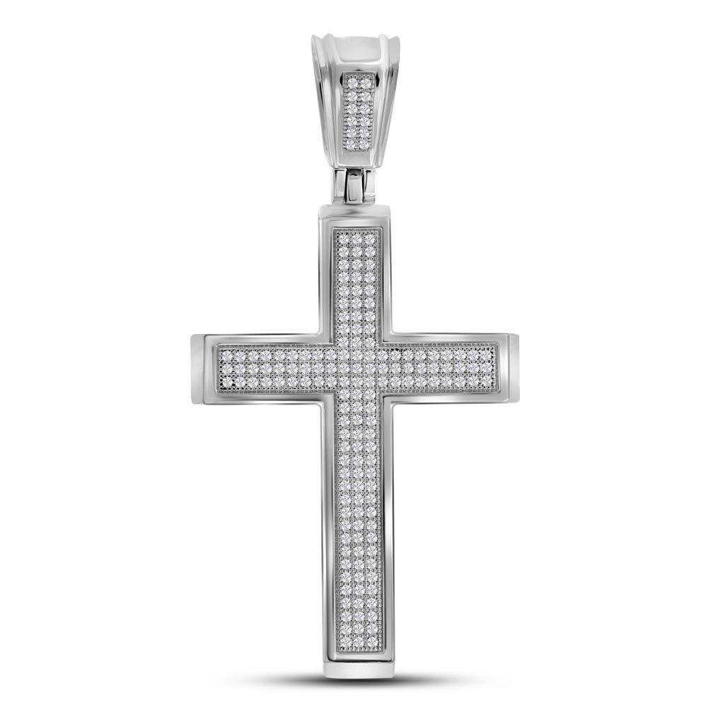 10kt White Gold Mens Round Diamond Roman Cross Charm Pendant 1/2 Cttw