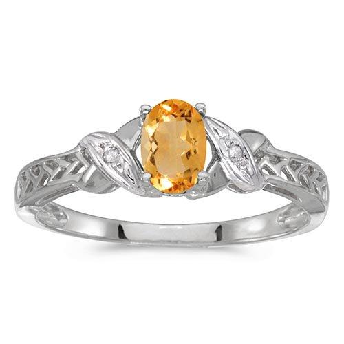 Certified 10k White Gold Oval Citrine And Diamond Ring 0.32 CTW