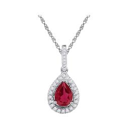 10kt White Gold Womens Pear Lab-Created Ruby Solitaire Diamond Frame Pendant 1-7/8 Cttw