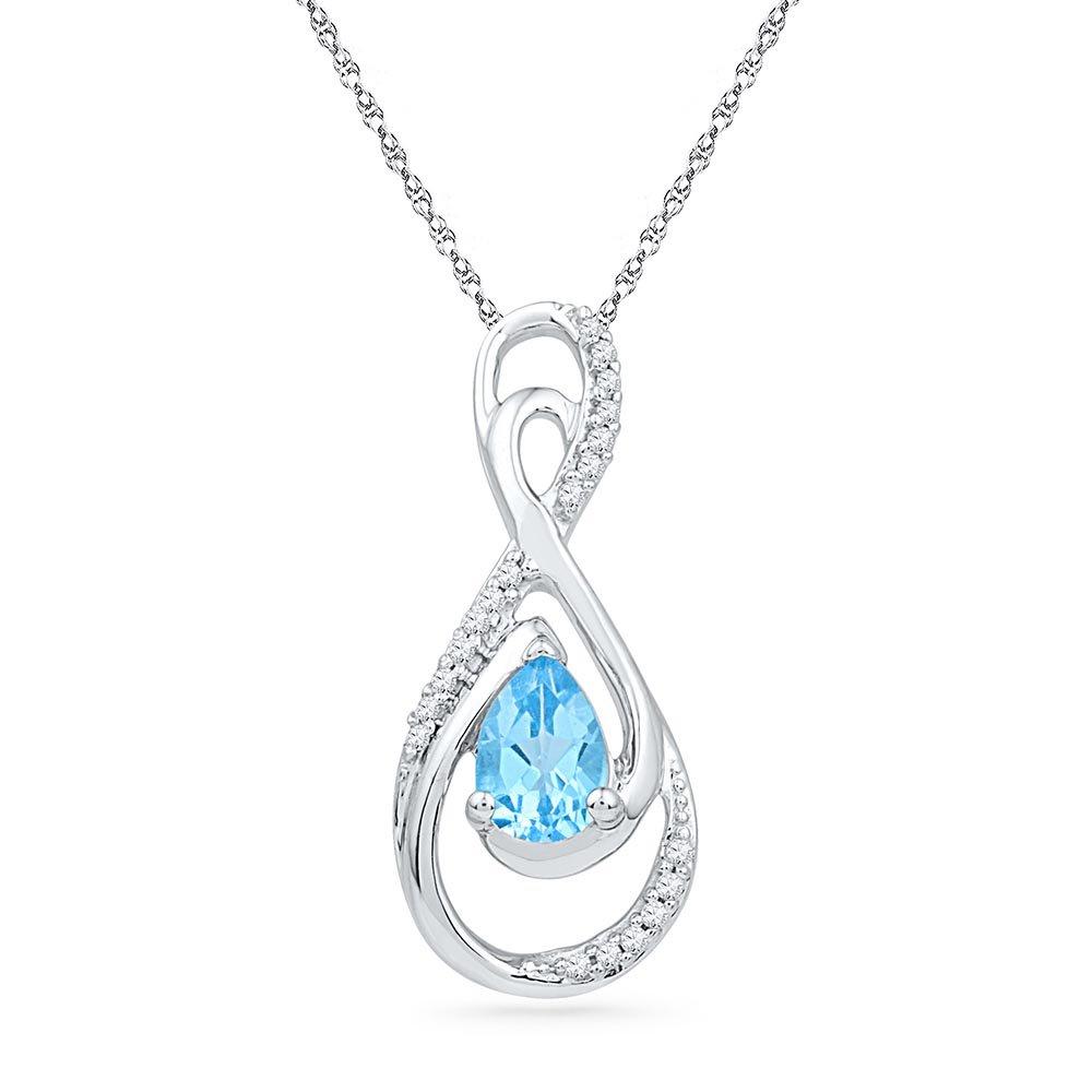 10kt White Gold Womens Oval Lab-Created Blue Topaz Solitaire Diamond Teardrop Pendant 3/4 Cttw