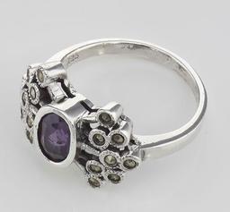 Antique Style Genuine Amethyst and Marcasite Ring - Sterling Silver