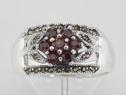 Floral Design Red Garnet Ring with Marcasite accents - Sterling Silver