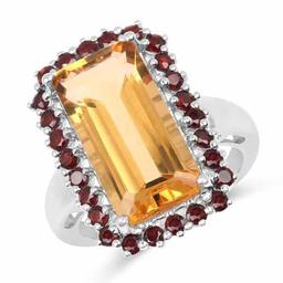 8.35 Carat Genuine Citrine and Garnet .925 Sterling Silver Ring