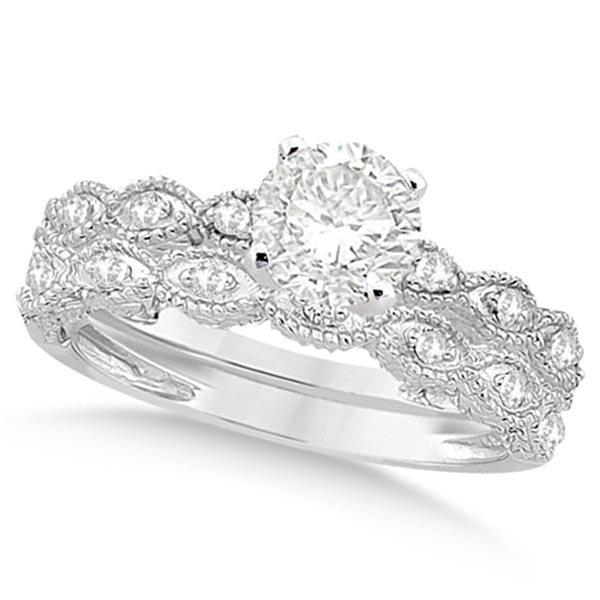 Petite Antique-Design Diamond Bridal Set in 14k White Gold (1.23ct)