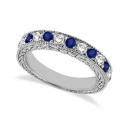 Antique Diamond and Blue Sapphire Wedding Ring 14kt White Gold (1.05ct)