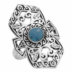 SILVER BLUE TURQUOISE LONG FILIGREE RING