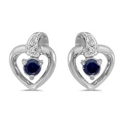 Certified 14k White Gold Round Sapphire And Diamond Heart Earrings