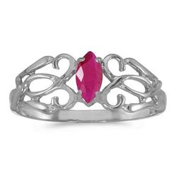 Certified 10k White Gold Marquise Ruby Filagree Ring 0.21 CTW