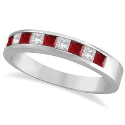 Princess-Cut Channel-Set Diamond and Ruby Ring Band 14k White Gold