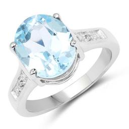 5.16 Carat Genuine Blue Topaz and White Diamond .925 Sterling Silver Ring