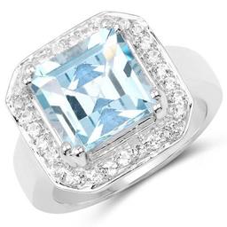 6.36 Carat Genuine Blue Topaz and White Topaz .925 Sterling Silver Ring