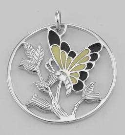 Beautiful Enamel Butterfly and Floral Pendant Sterling Silver