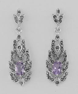 Amethyst Marcasite Drop / Dangle Earrings - Sterling Silver