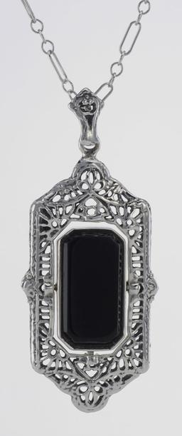 Italian Shell Cameo / Onyx Filigree Flip Pendant - Sterling Silver