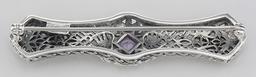 Art Deco Style Amethyst Filigree Bar Pin / Brooch - Sterling Silver