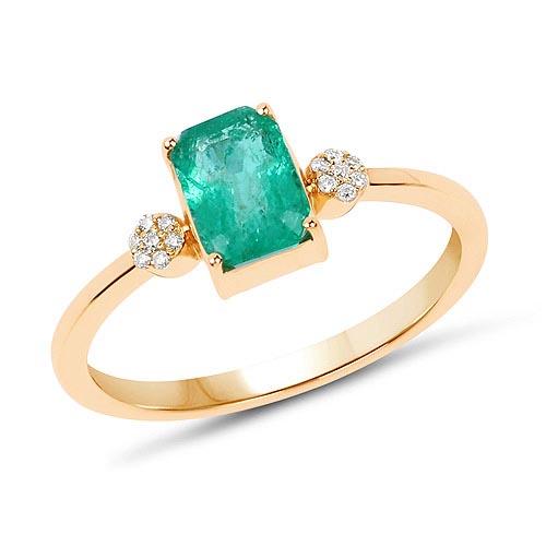 0.97 Carat Genuine Zambian Emerald and White Diamond 14K Yellow Gold Ring