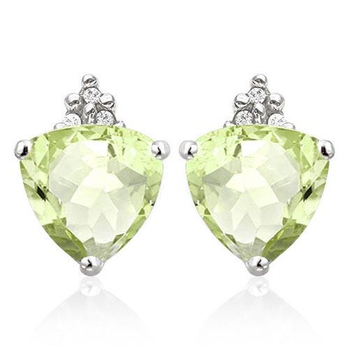 1.25 CARAT GREEN AMETHYST 10K SOLID WHITE GOLD TRILLION SHAPE EARRING WITH 0.03 CTW DIAMOND