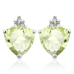 1.25 CARAT GREEN AMETHYST 10K SOLID WHITE GOLD TRILLION SHAPE EARRING WITH 0.03 CTW DIAMOND