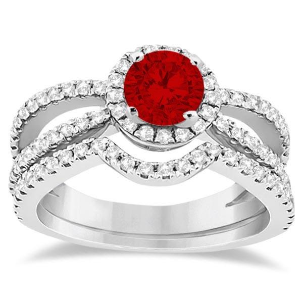 Ruby & Diamond Halo Split Shank Bridal Set 14k White Gold (1.70ctw)