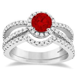 Ruby & Diamond Halo Split Shank Bridal Set 14k White Gold (1.70ctw)