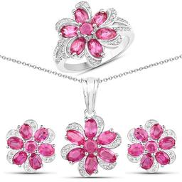 7.05 CTW Genuine Ruby and White Topaz .925 Sterling Silver 3 Piece Jewelry Set (Ring Earrings and Pe