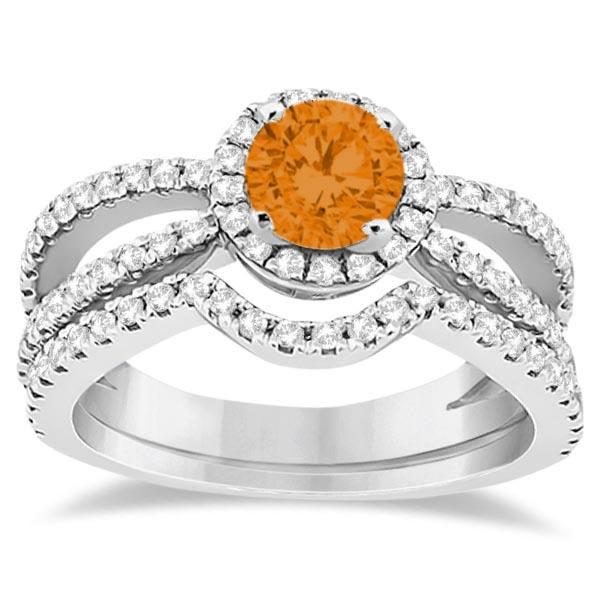 Citrine & Diamond Halo Split Shank Bridal Set 14k White Gold (2.05ctw)