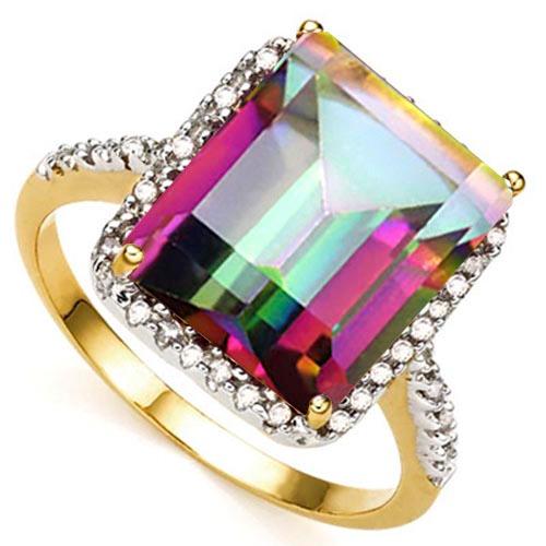 5.4 CTW MYSTIC GEMSTONE & (22 PCS) GENUINE DIAMOND 10K SOLID YELLOW GOLD RING