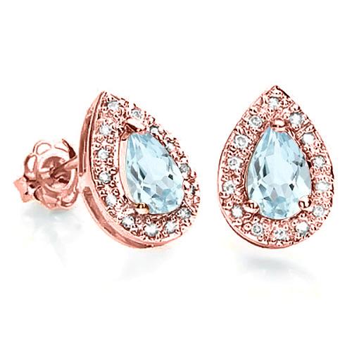 0.37 CT AQUAMARINE AND ACCENT DIAMOND 10KT SOLID ROSE GOLD EARRING