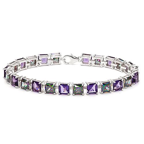 12.05 CT CREATED AMETHYST AND 12.05 CT CREATED MYSTICS 925 STERLING SILVER TENNIS BRACELET IN SQUARE