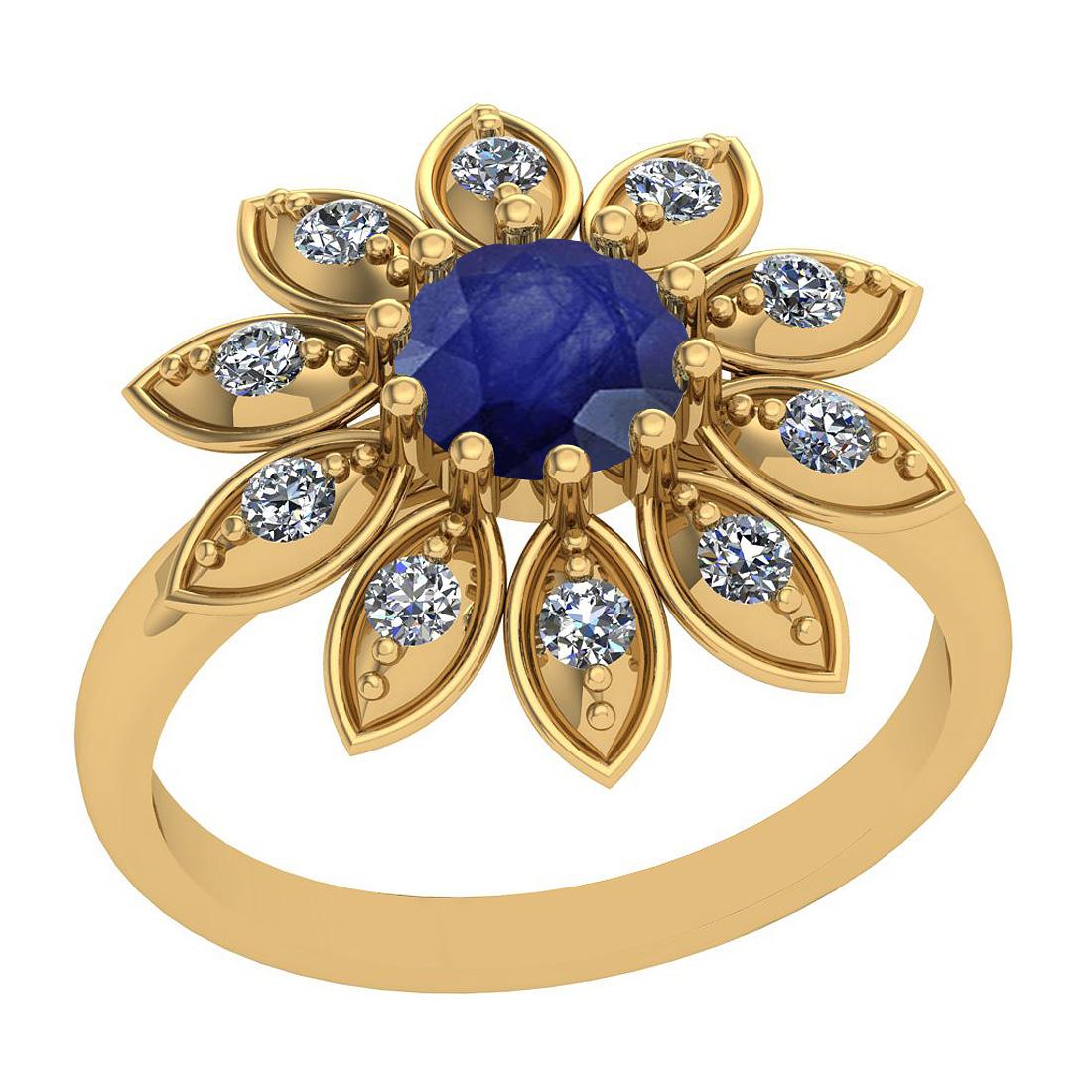 0.74 Ctw I2/I3 Blue Sapphire And Diamond 14K Yellow Gold Vintage Style Ring