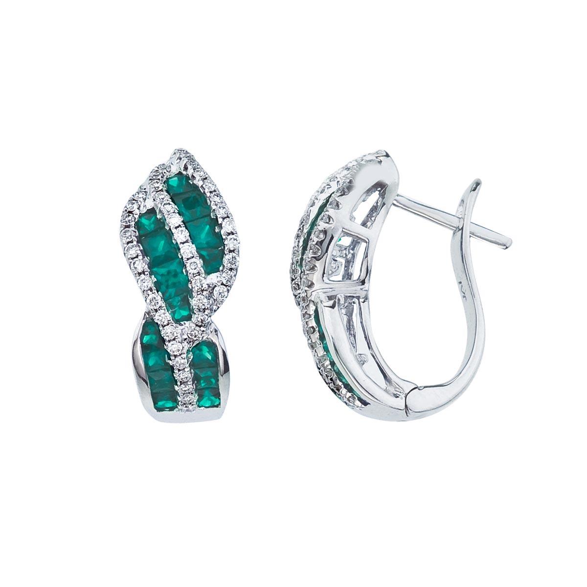 14k White Gold Emerald and Diamond Swirl Earring