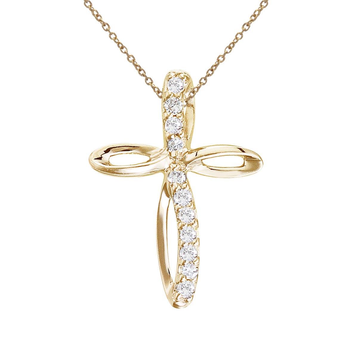 14K Yellow Gold Small Swirl Diamond Cross Pendant 0.09 CTW