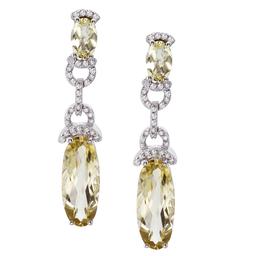 14k White Gold  Oval Dangle Lemon Quartz And Diamond Earrings 9.76 CTW