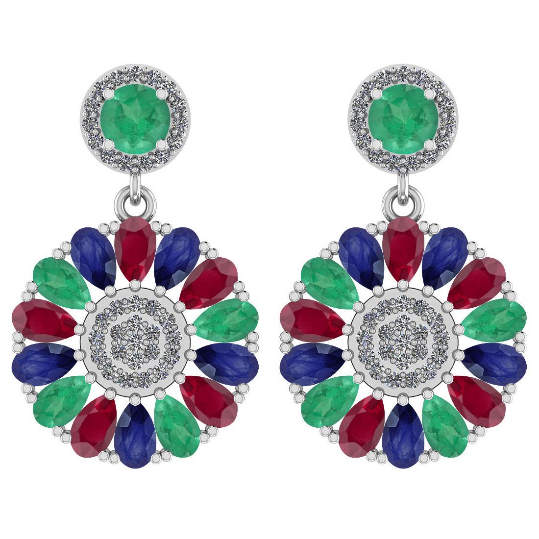 6.04 Ctw I2/I3 Emerald,Ruby,Blue Sapphire And Diamond 14K White Gold Earrings