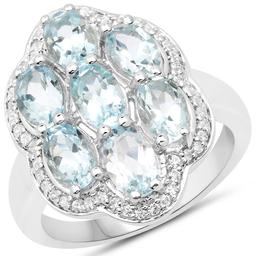 3.09 CTW Genuine Aquamarine and White Zircon .925 Sterling Silver Ring
