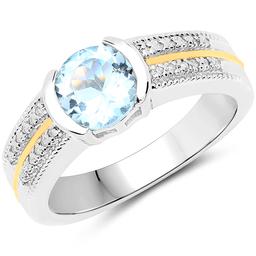 1.37 CTW Genuine Aquamarine and White Diamond 14K Yellow Gold with .925 Sterling Silver Ring