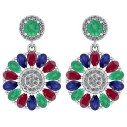 6.04 Ctw I2/I3 Emerald,Ruby,Blue Sapphire And Diamond 14K White Gold Earrings