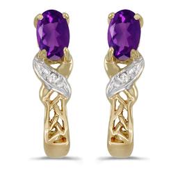 14k Yellow Gold Oval Amethyst And Diamond Earrings 0.37 CTW