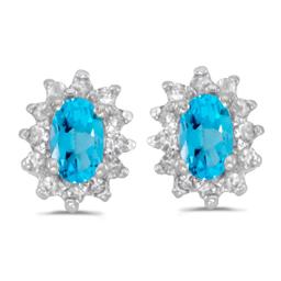 Certified 14k White Gold Oval Blue Topaz And Diamond Earrings